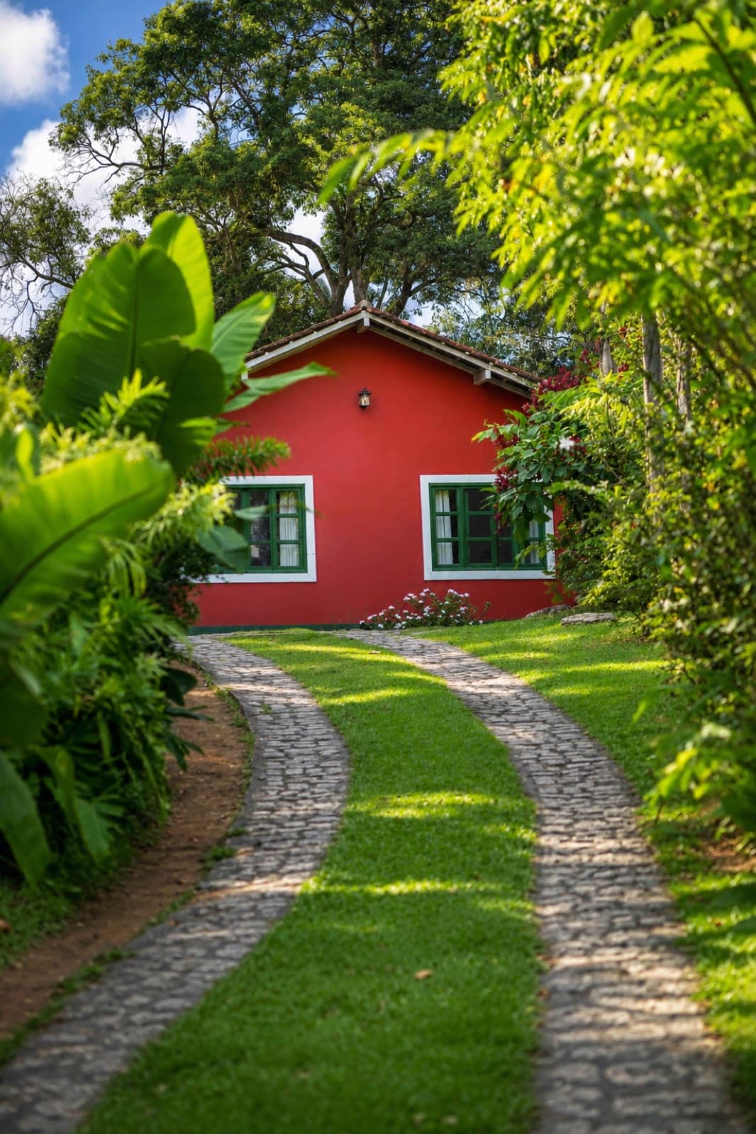 Caminho de pedras pelo jardim até uma das casas da pousada