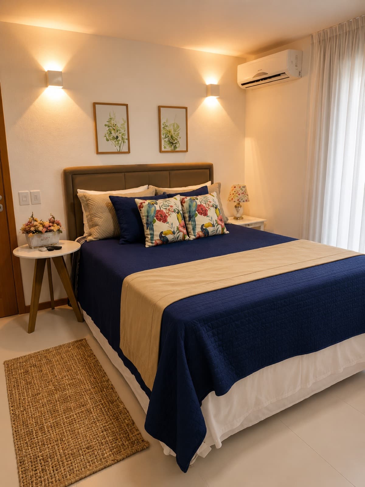 Quarto com cama de casal, cabeceira estofada e roupa de cama azul-marinho