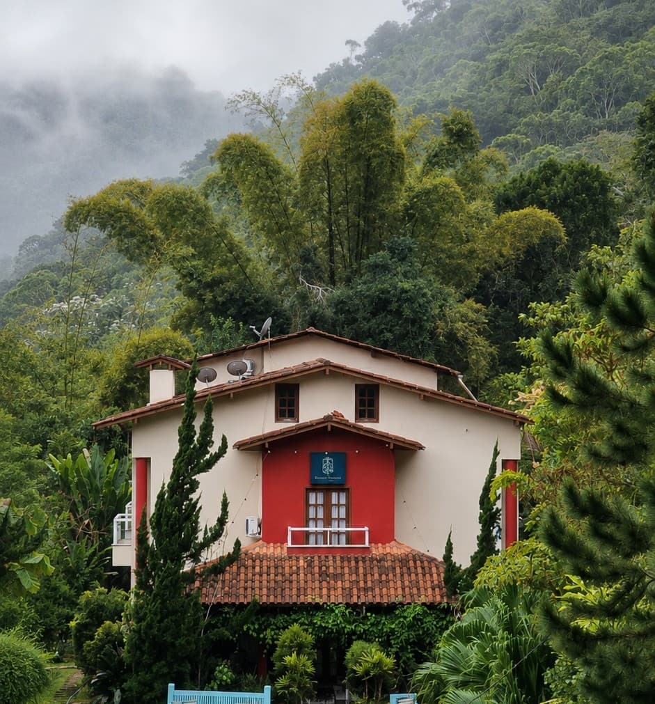 Pousada Valle di Trento entre a mata, em manhã de neblina na serra de Santa Teresa, ES